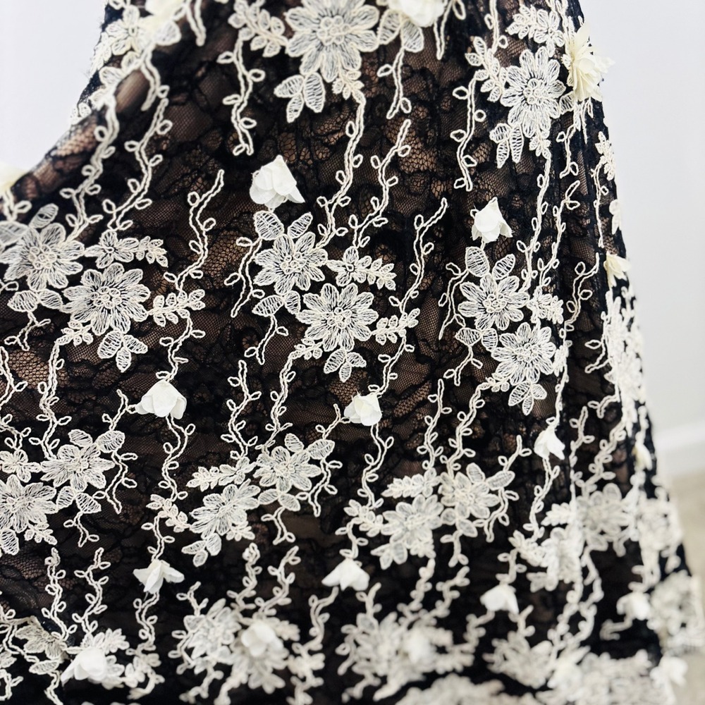 Dress the Population Tahani V-Neck Embroidered Mesh Cocktail Dress Blk/Wht Sz S - Picture 5 of 8